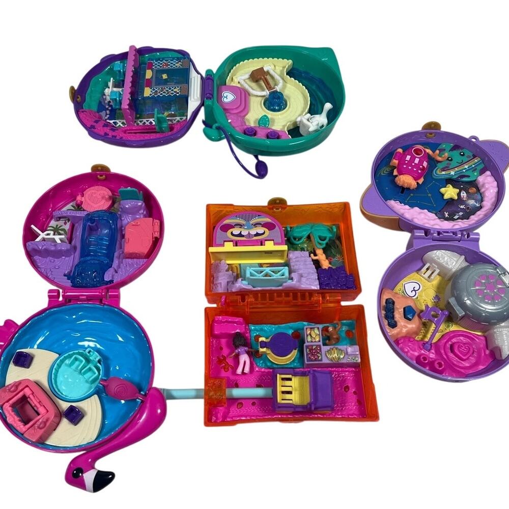 Polly Pockets Lil Ladybug Pink Flamingo Saturn Space Exp Juice Box Jungle Lot 4